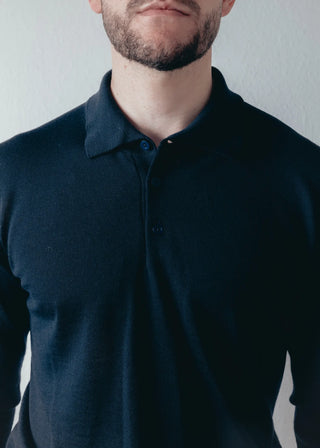 Navy Blue Merino Wool Long Sleeve Polo Shirt Mens