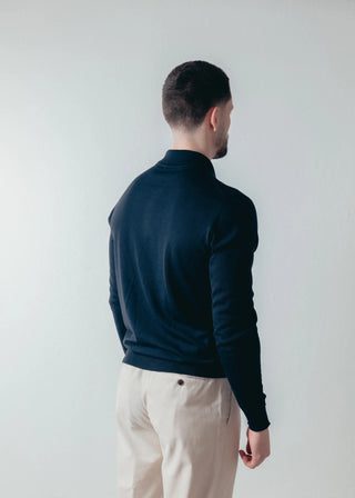 Navy Blue Merino Wool Long Sleeve Polo Shirt Mens