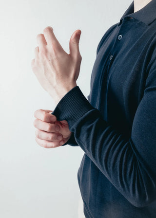 Navy Blue Merino Wool Long Sleeve Polo Shirt Mens