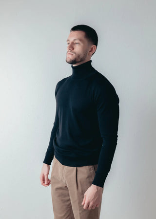 Navy Blue Merino Wool Roll Neck Sweater