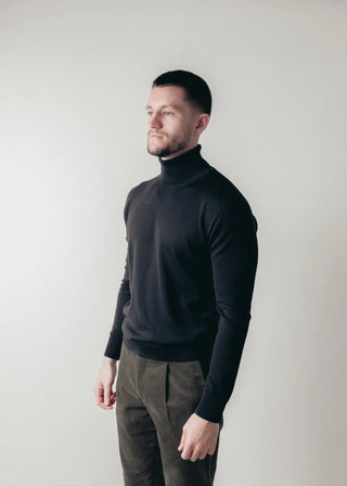Black Merino Wool Roll Neck Sweater
