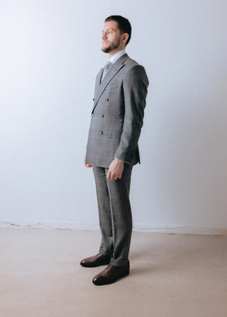 Double Breasted Loro Piana Wool Grey Check Suit 2 piece