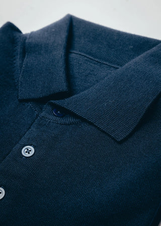 Navy Blue Merino Wool Long Sleeve Polo Shirt Mens