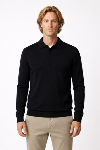 Black Merino Wool Knitted Long Sleeve Jumper with Polo Collar