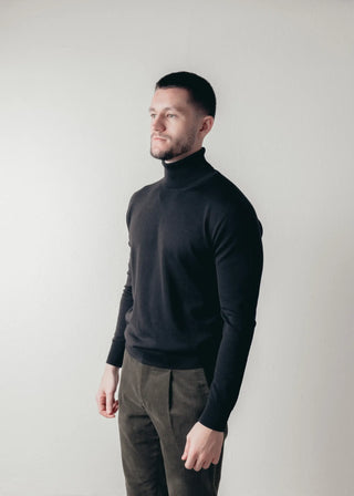  Black Merino Wool Roll Neck Sweater