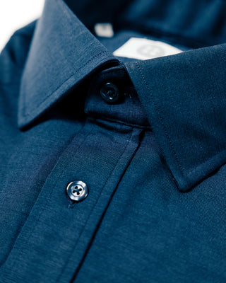 Close-up of a blue shirt with collar and button details