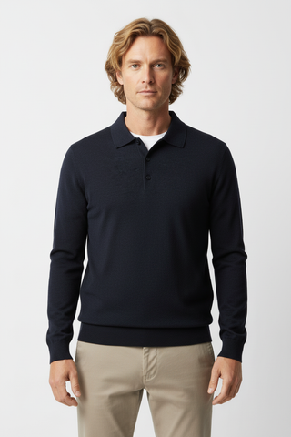 Charcoal Merino Wool Knitted Long Sleeve Jumper with Polo Collar
