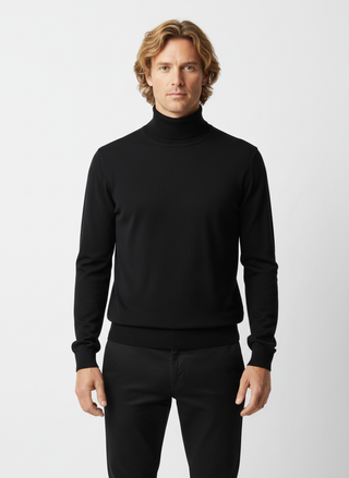 Black Merino Wool Roll Neck Sweater