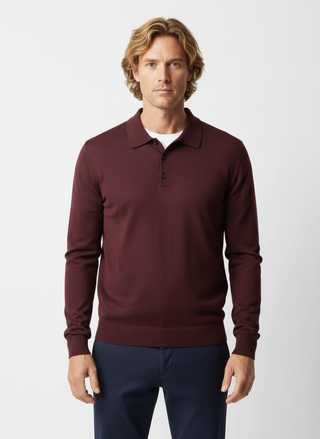 Burgundy Merino Wool Knitted Long Sleeve Jumper with Polo Collar
