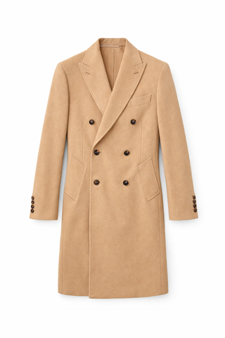 Beige overcoat with black buttons on a white background