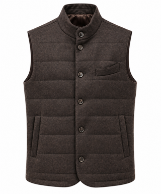 A dark brown quilted wool vest with a mandarin collar, button closure, and front pockets, shown on a plain white background.