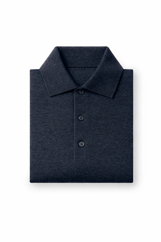 Folded dark gray polo shirt on a white background