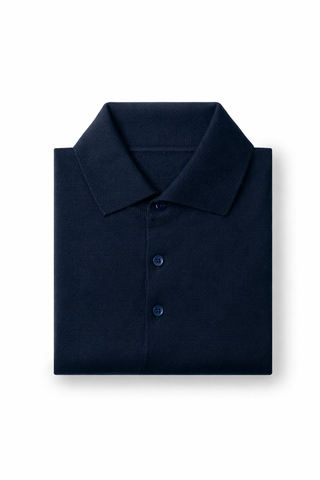 Navy Merino Wool Knitted Long Sleeve Jumper with Polo Collar