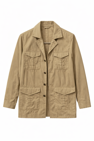 Beige field jacket with multiple pockets on a white background