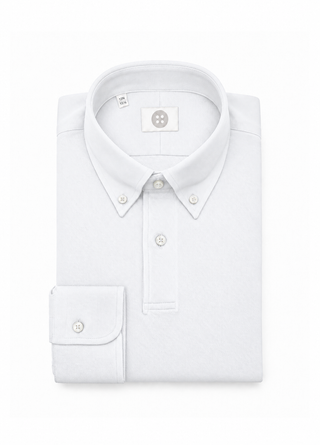 A folded white long-sleeve button-down shirt with a classic pointed collar and a single-button cuff, shown on a clean white background.